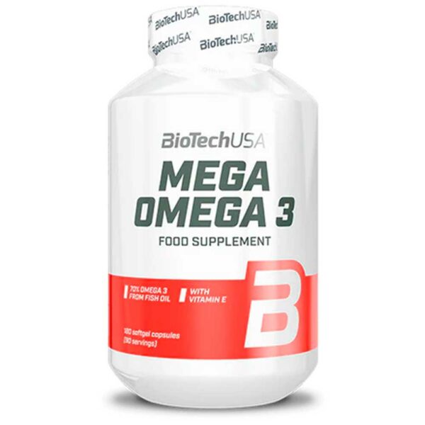 BioTechUSA Mega Omega 3 Cápsulas Blandas | 70% EPA y DHA | Salud Normal del Cerebro y Corazón | Vitamina E Añadida, 180 cápsulas